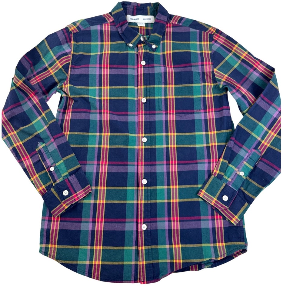 Old Navy Boys XL 14-16 Built-In Flex Teal Plaid Button Down Shirt Long Sleeve